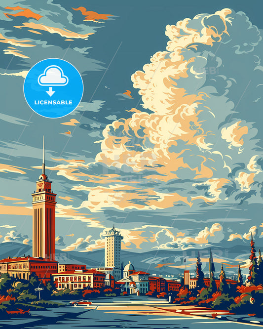 Vintage travel poster of Albania featuring a vibrant cityscape with tall buildings and clouds