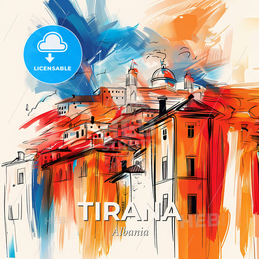 Vibrant Tirana, Albania - A Painting Of Buildings And A Colorful Splash - Square format print template
