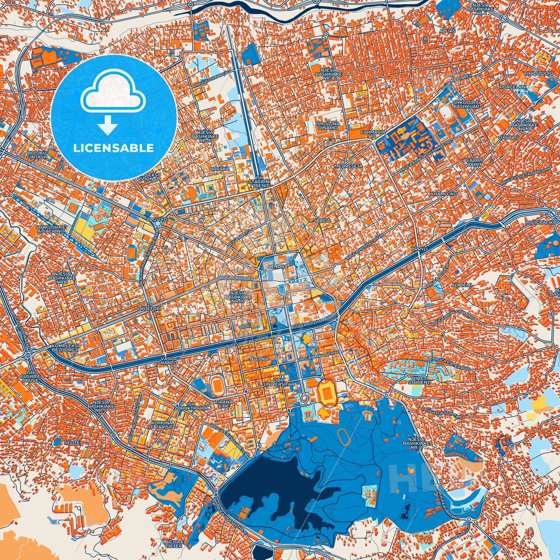 Colorful Tirana Street Map with Labels and Buildings