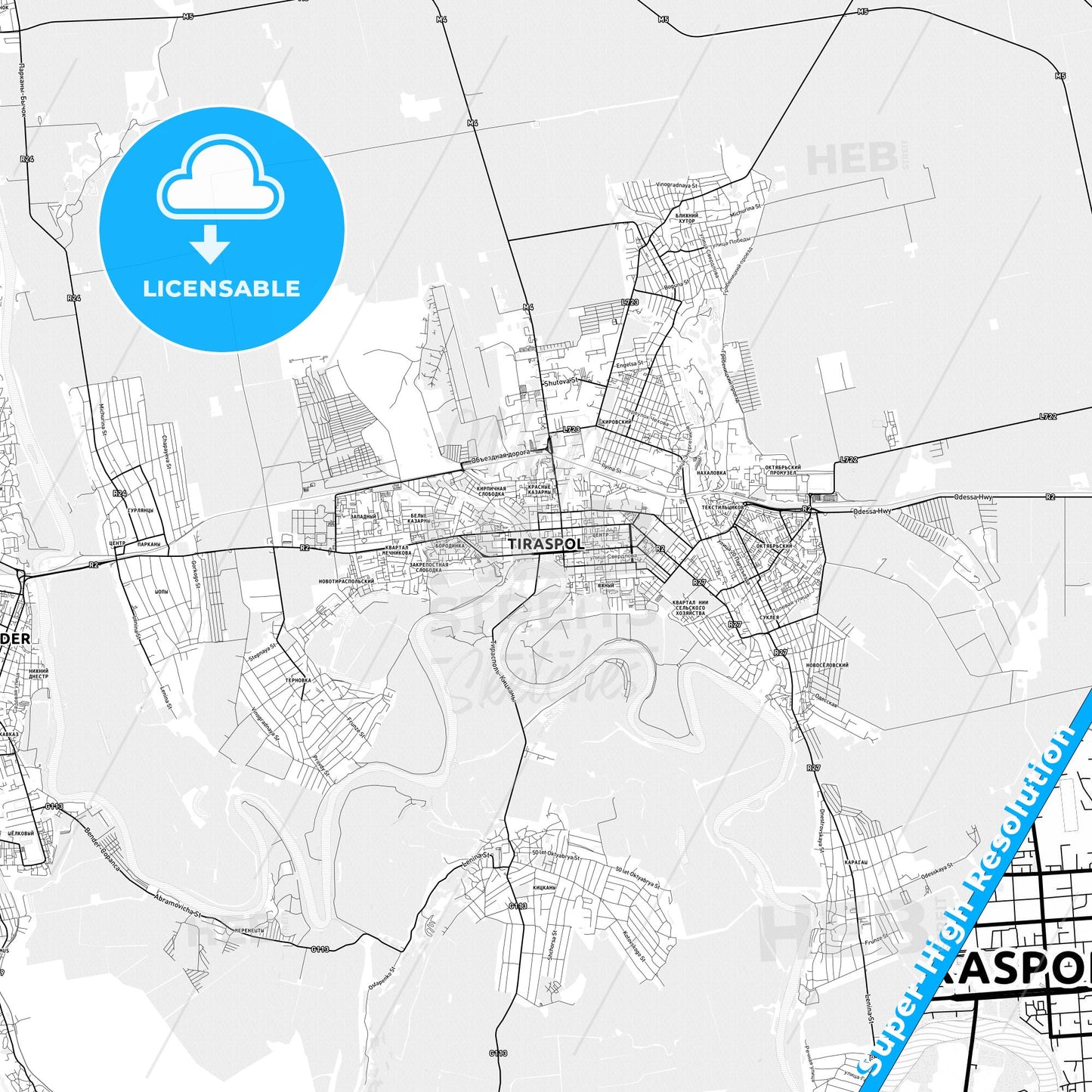 Tiraspol, Moldova light map with streetnames, citynames and districts