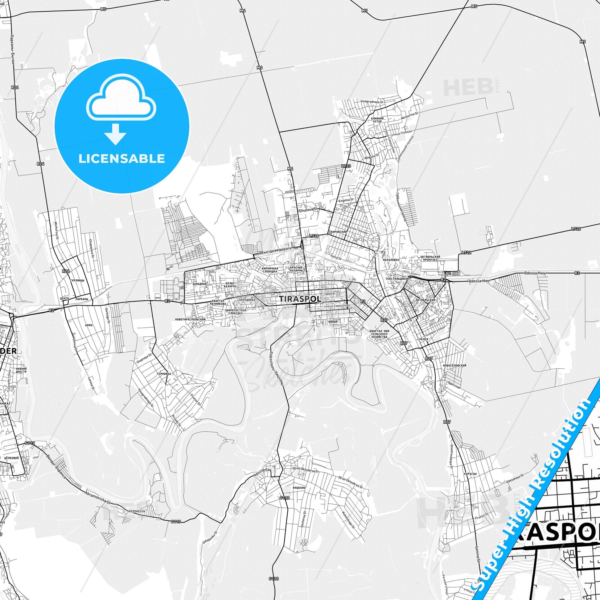 Tiraspol, Moldova light map with streetnames, citynames and districts