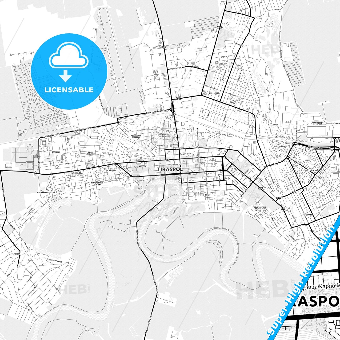 Tiraspol, Moldova Light Map with Street Names, City Names, and Districts