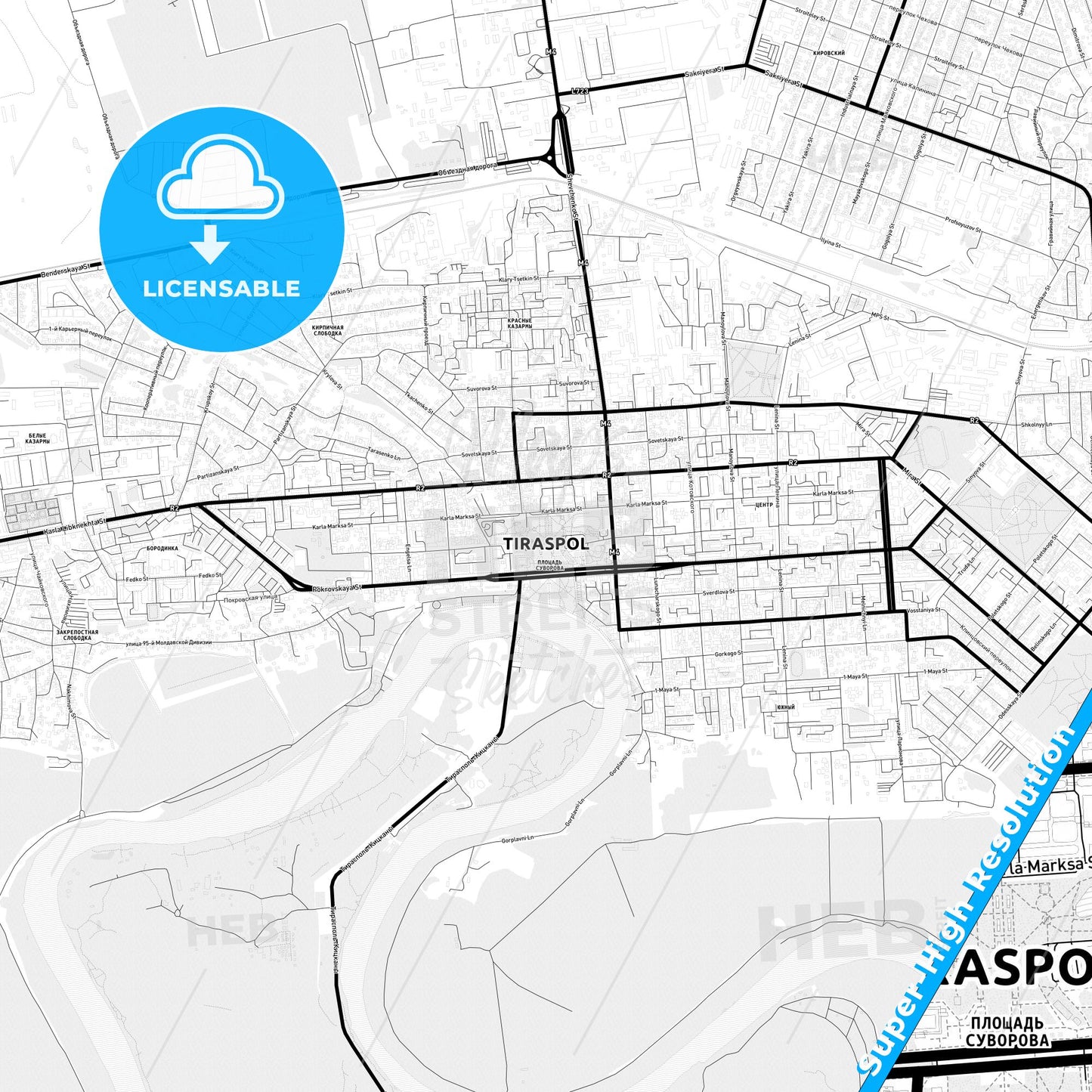 Tiraspol, Moldova Light Map with Street Names, City Names, and Districts