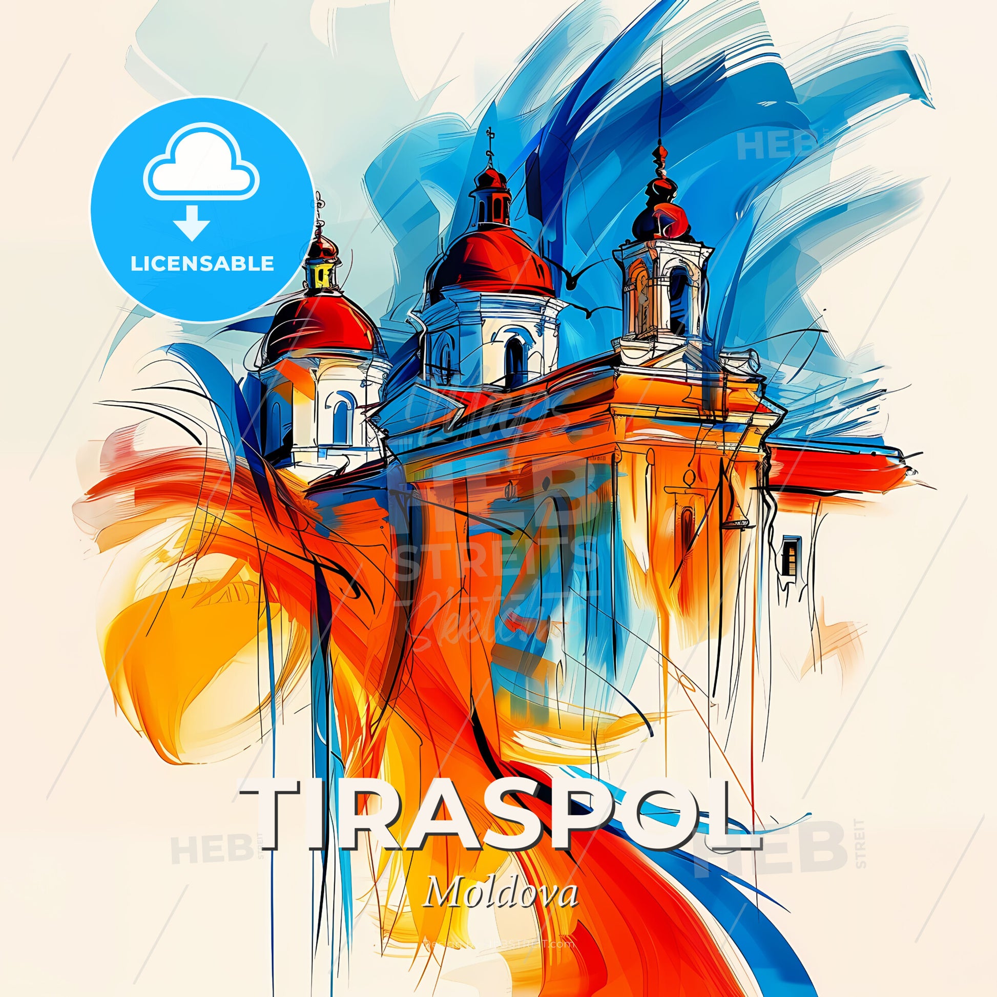 Vibrant Tiraspol, Moldova - A Painting Of A Building With A Red And Blue Roof - Square format print template