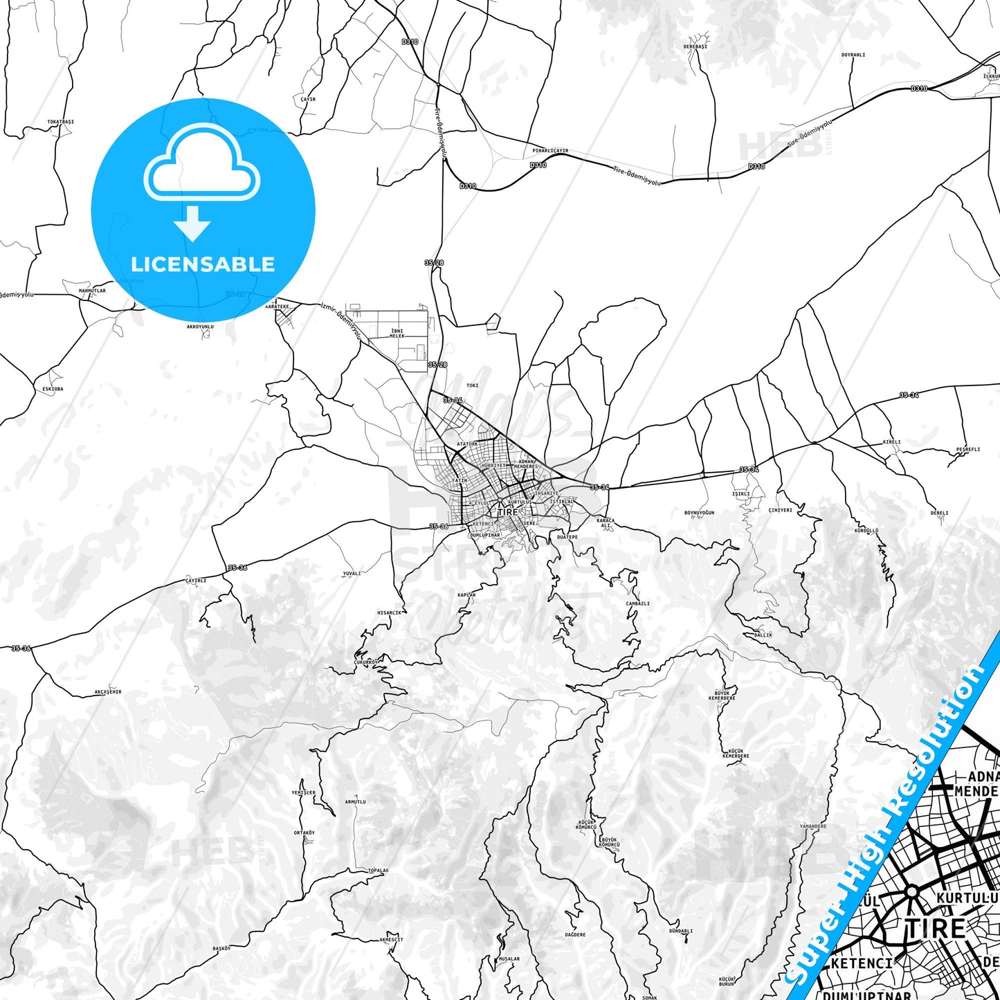 Tire, Turkey light map with streetnames, citynames and districts