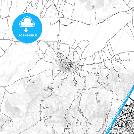 Tire, Turkey light map with streetnames, citynames and districts