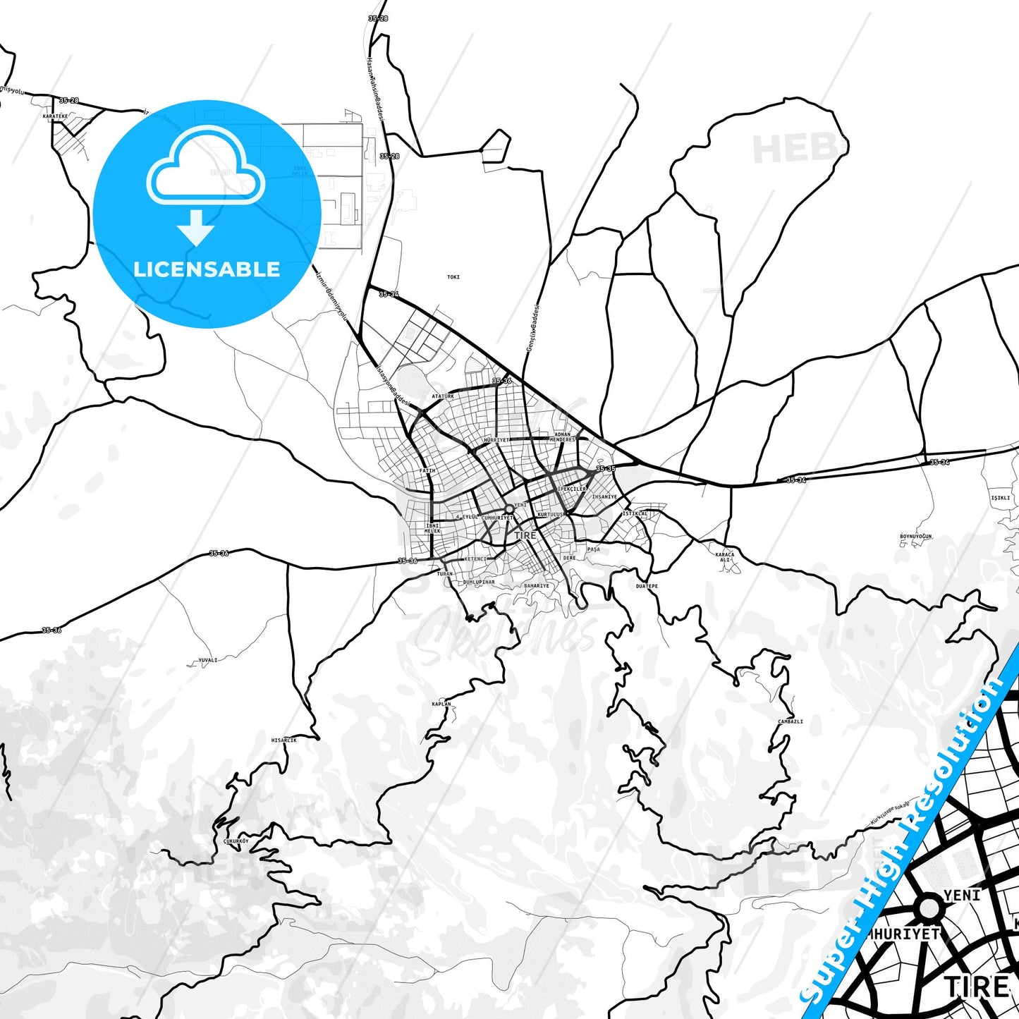 Tire, Turkey Light Map with Street Names, City Names, and Districts