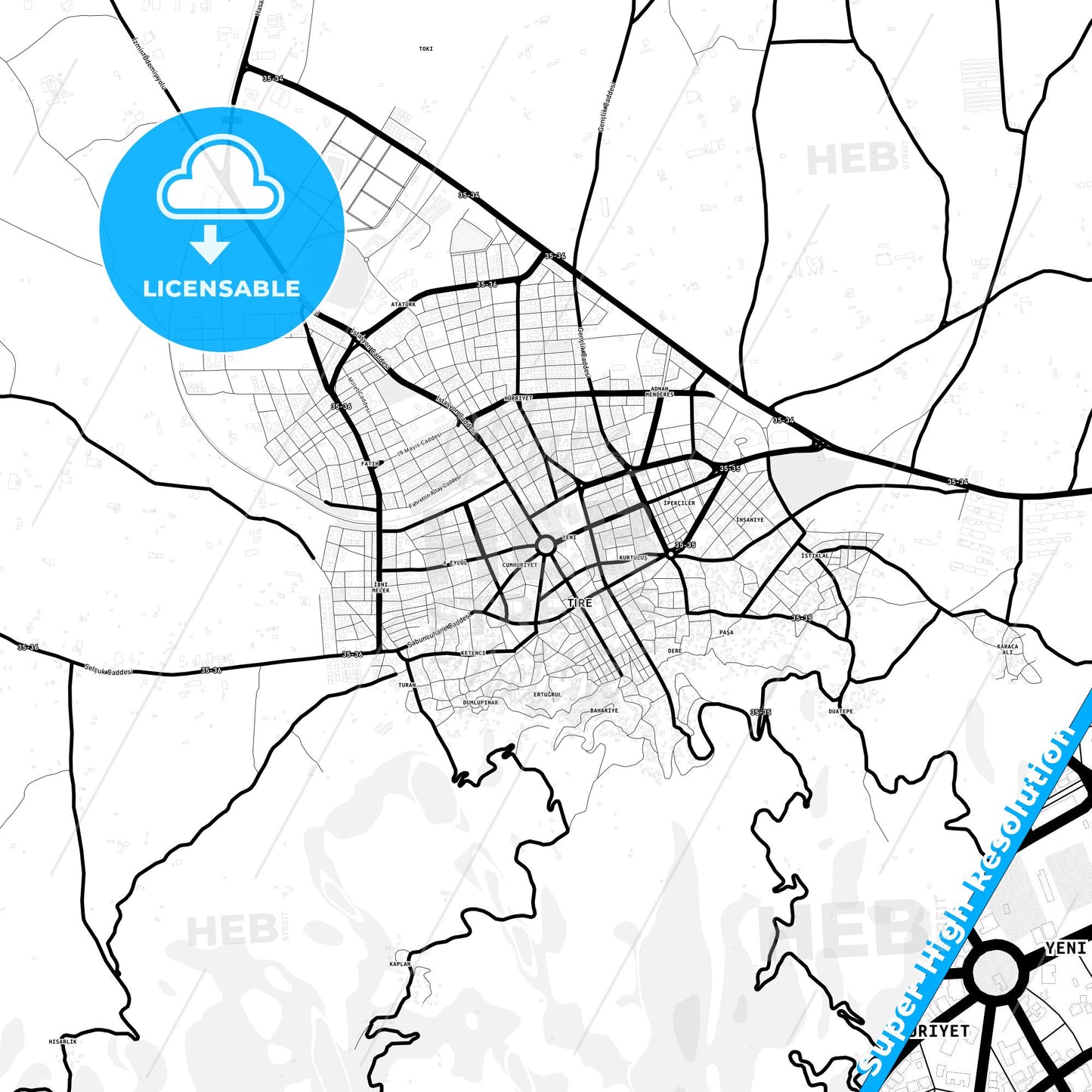 Tire, Turkey Light Map with Street Names, City Names, and Districts