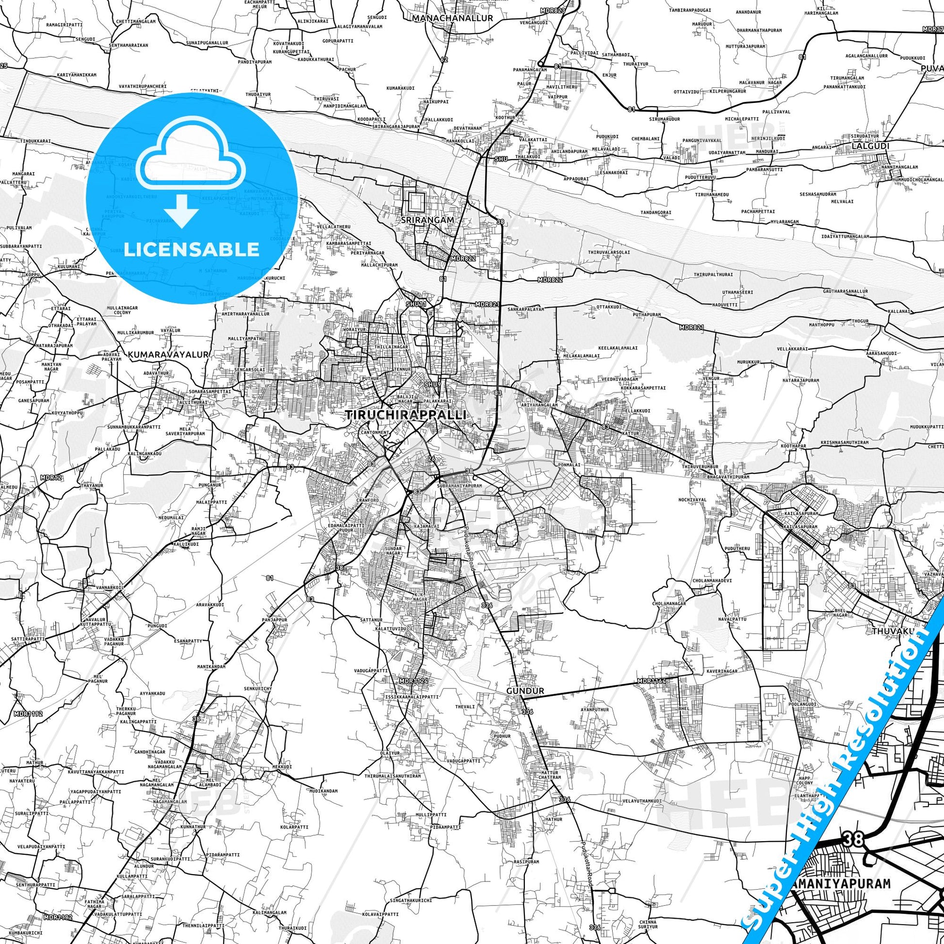 Tiruchirappalli, India light map with streetnames, citynames and districts