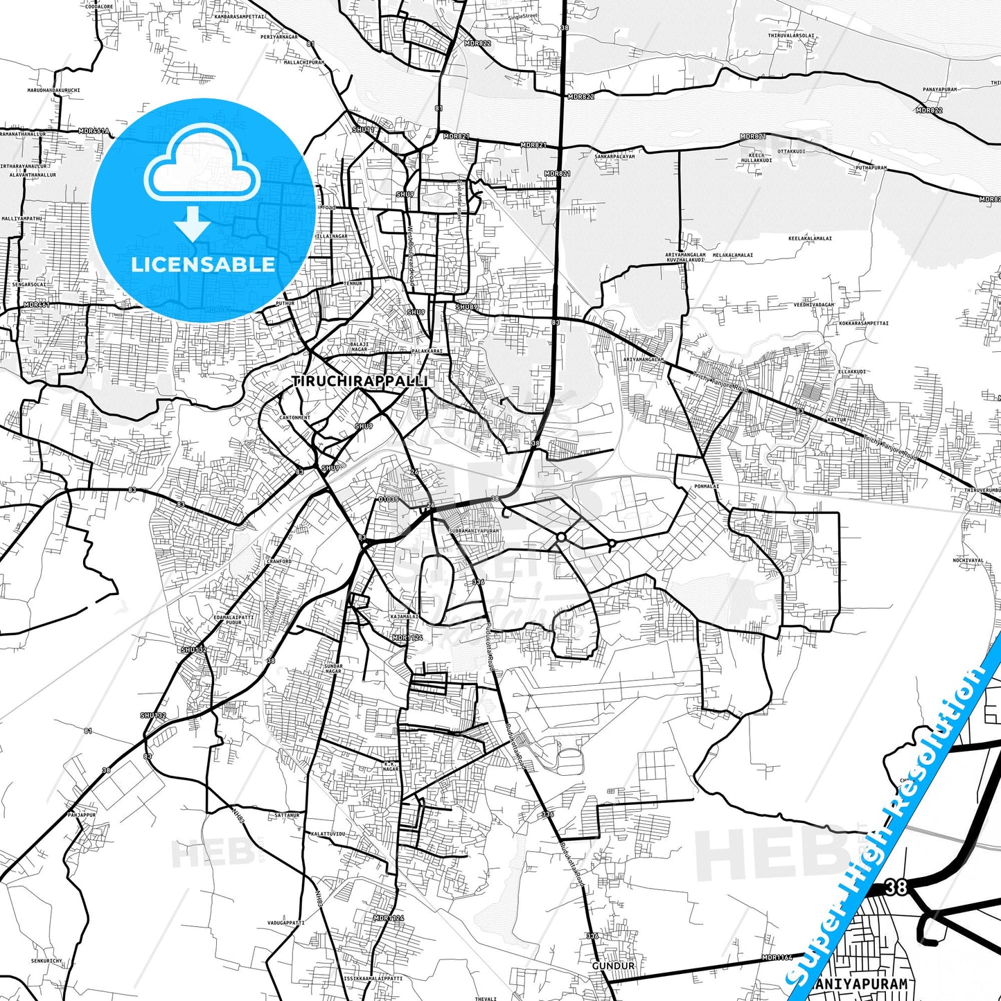 Tiruchirappalli, India Light Map with Street Names, City Names, and Districts