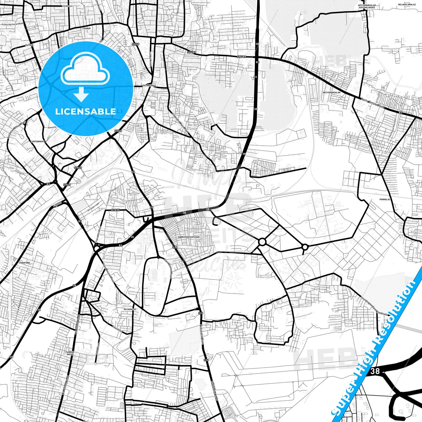 Tiruchirappalli, India Light Map with Street Names, City Names, and Districts
