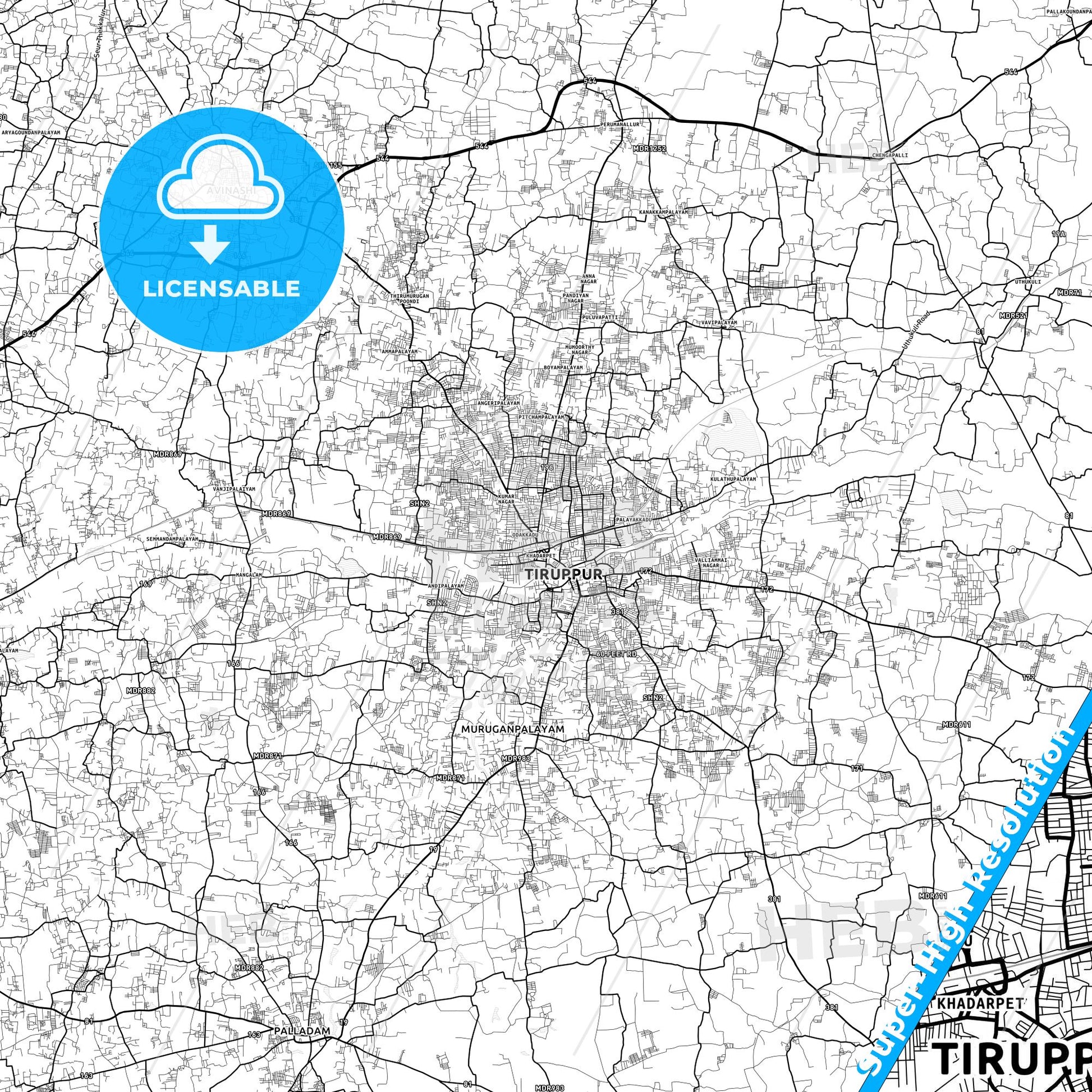 Tiruppur, India light map with streetnames, citynames and districts