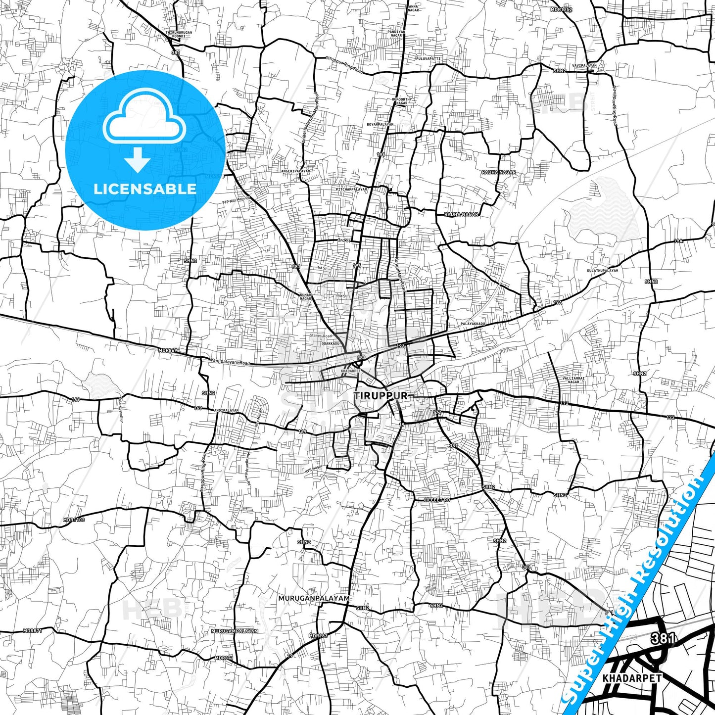 Tiruppur, India Light Map with Street Names, City Names, and Districts