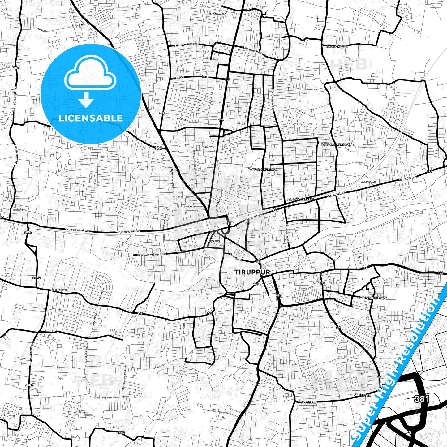 Tiruppur, India Light Map with Street Names, City Names, and Districts