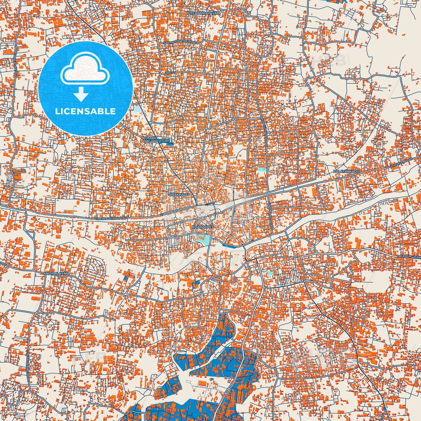 Colorful Tiruppur Street Map with Labels and Buildings