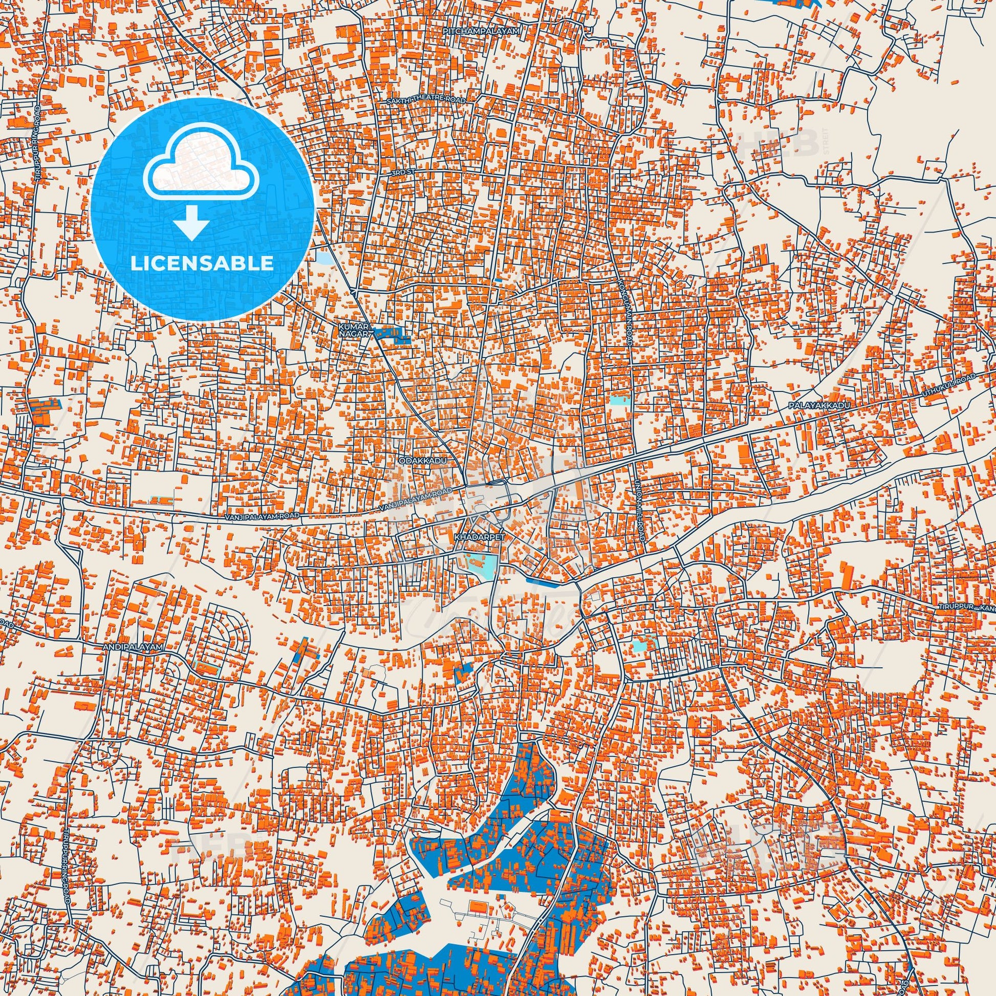Colorful Tiruppur Street Map with Labels and Buildings