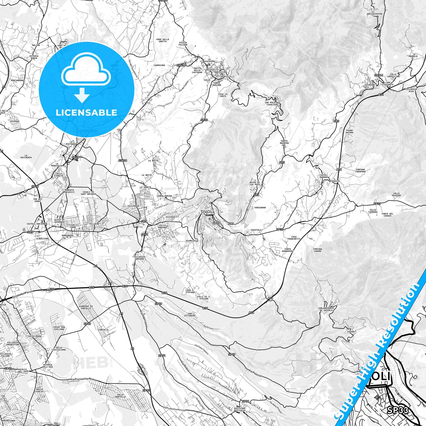Tivoli, Italy light map with streetnames, citynames and districts