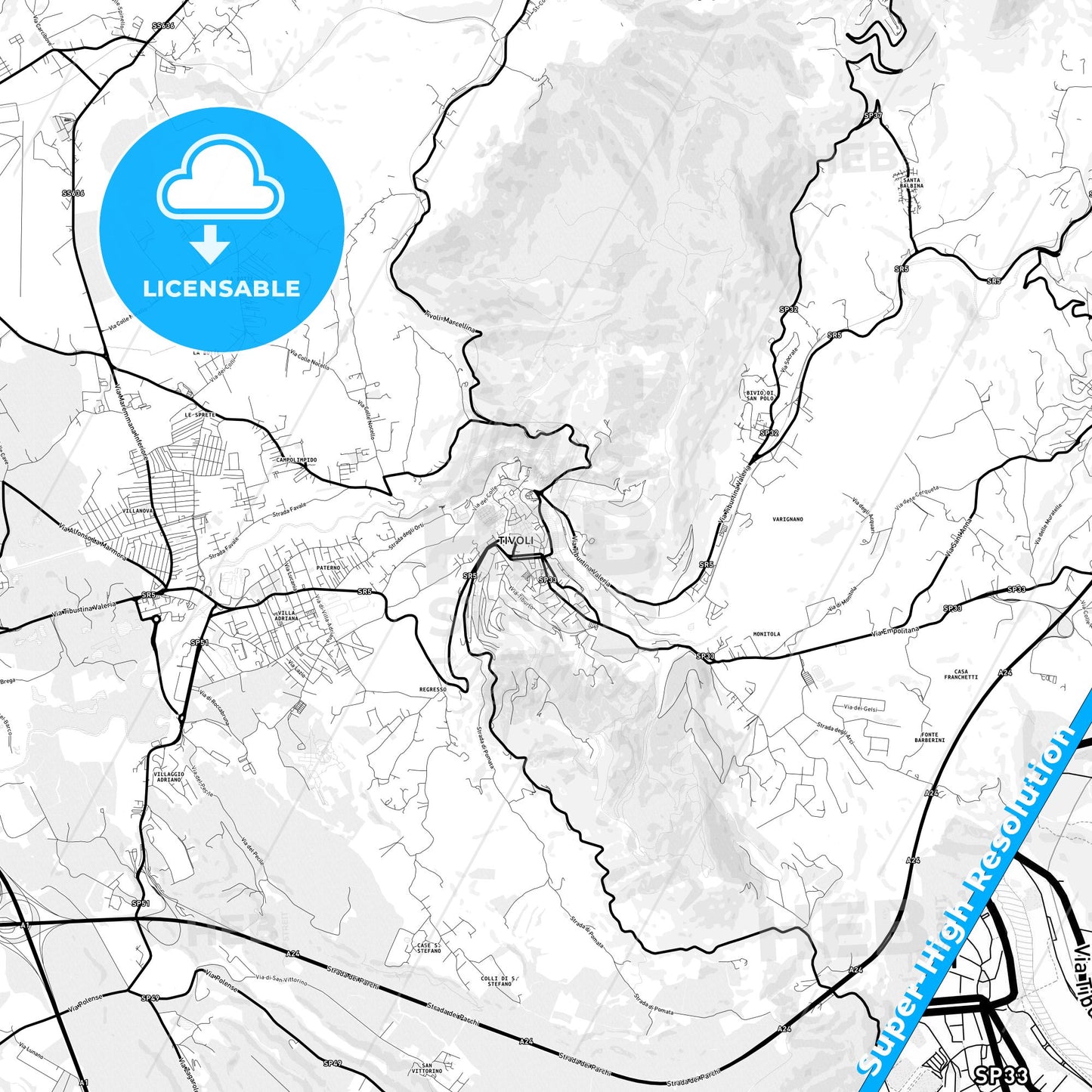 Tivoli, Italy Light Map with Street Names, City Names, and Districts