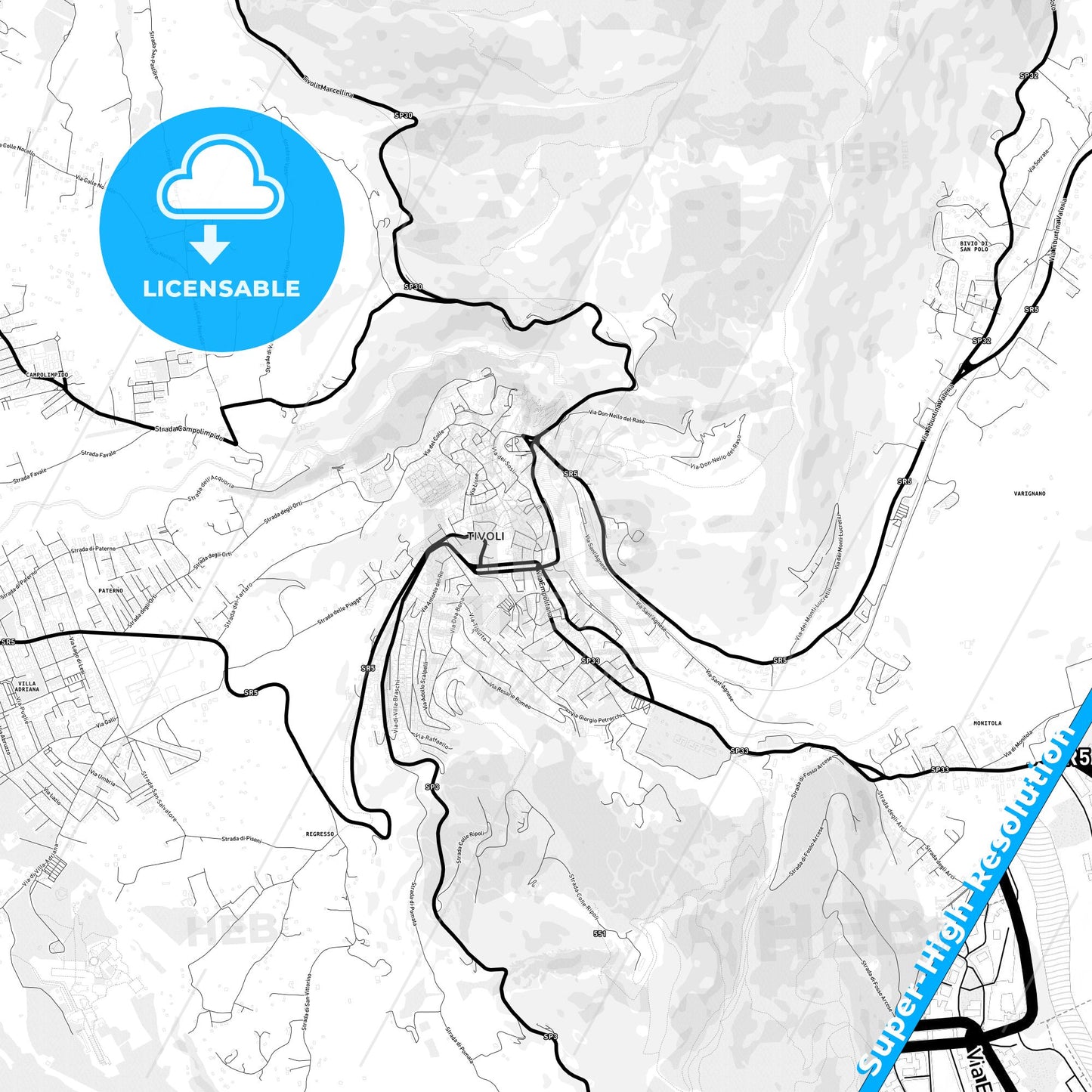Tivoli, Italy Light Map with Street Names, City Names, and Districts