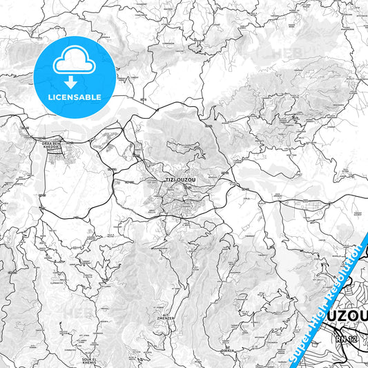 Tizi Ouzou, Algeria light map with streetnames, citynames and districts