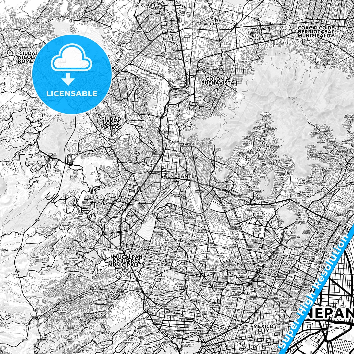 Tlalnepantla, Mexico light map with streetnames, citynames and districts