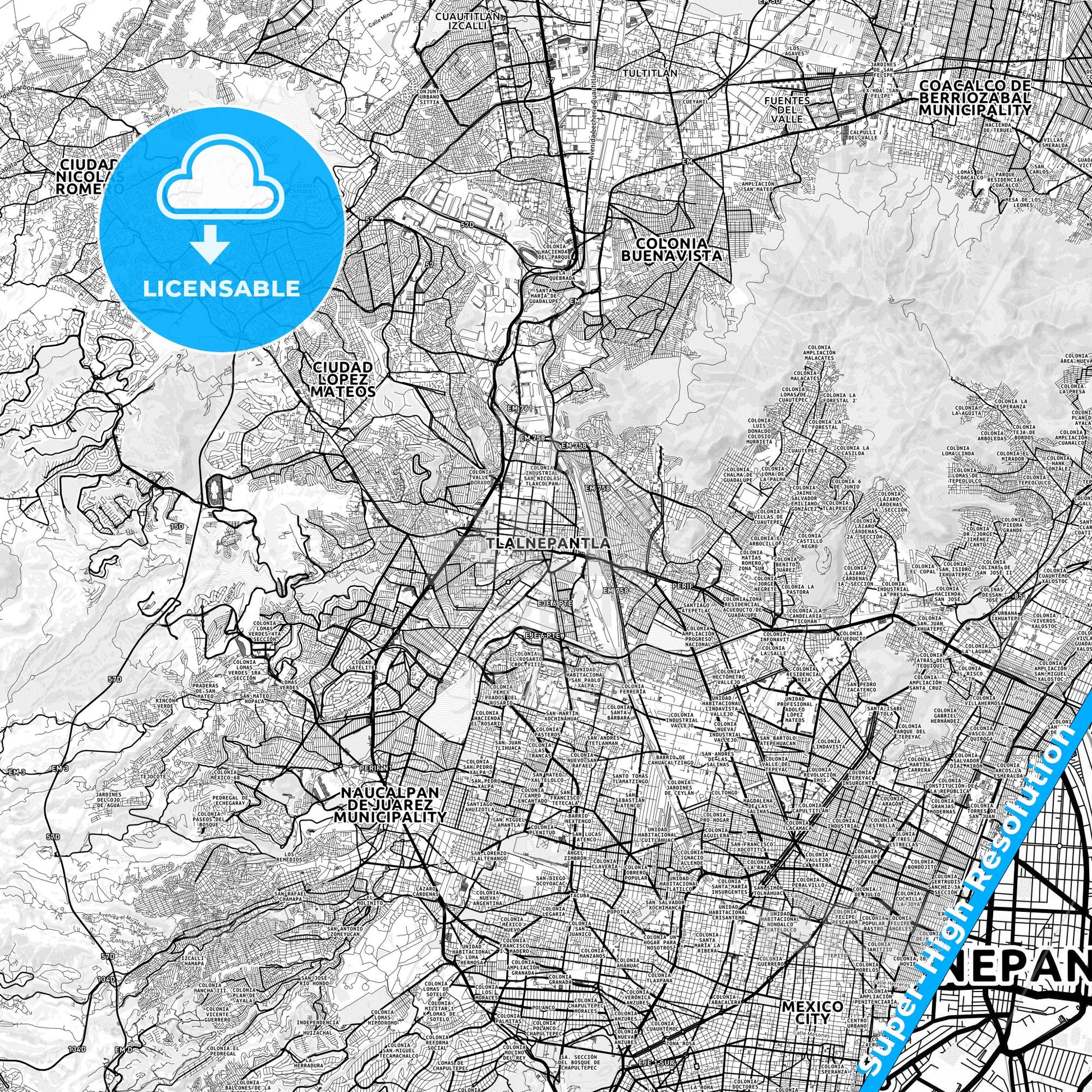 Tlalnepantla, Mexico light map with streetnames, citynames and districts