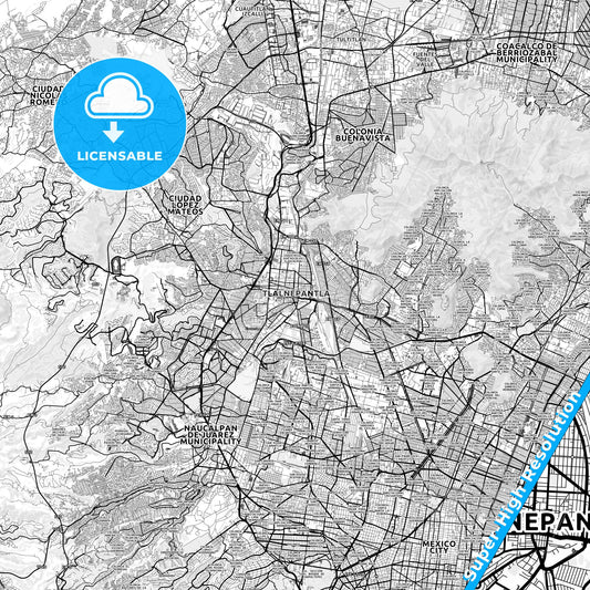 Tlalnepantla, Mexico light map with streetnames, citynames and districts