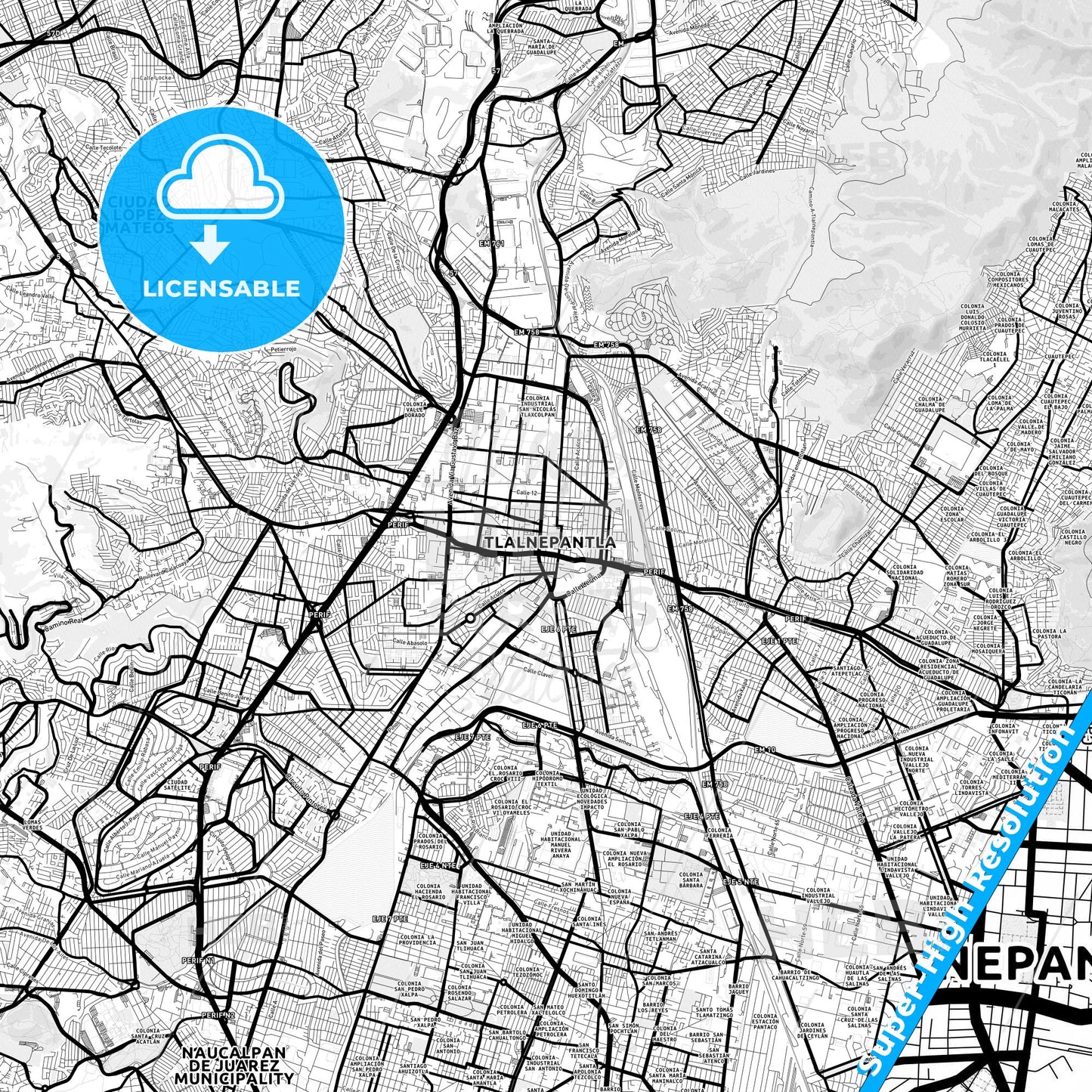 Tlalnepantla, Mexico Light Map with Street Names, City Names, and Districts