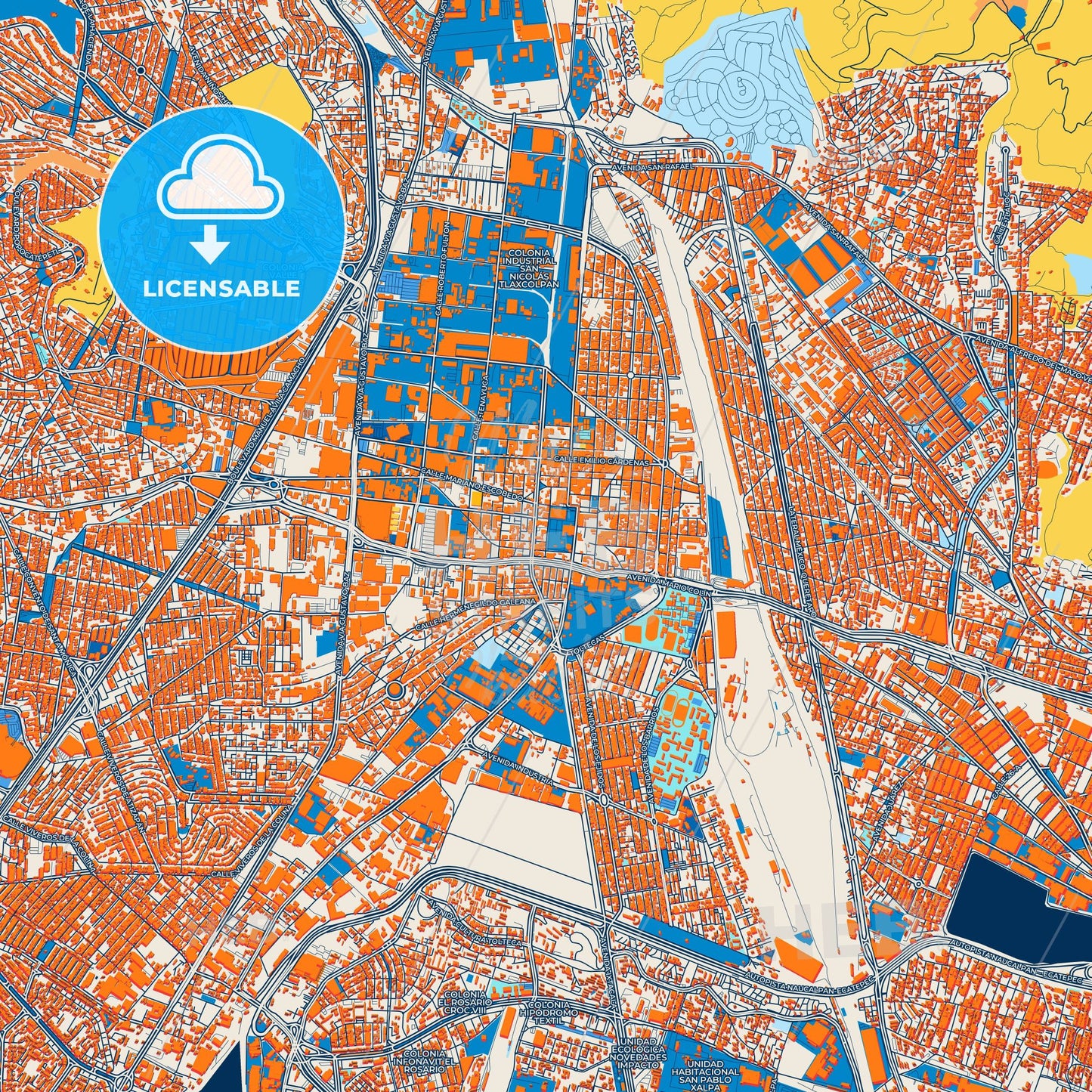 Colorful Tlalnepantla Street Map with Labels and Buildings