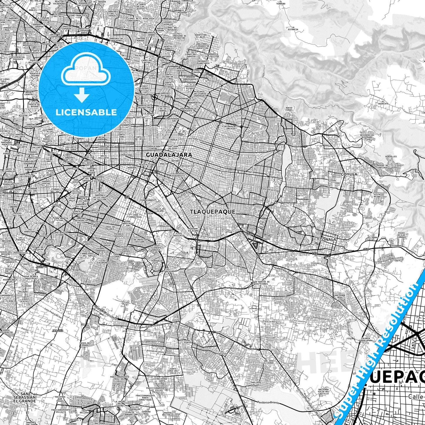 Tlaquepaque, Mexico light map with streetnames, citynames and districts