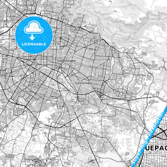 Tlaquepaque, Mexico light map with streetnames, citynames and districts