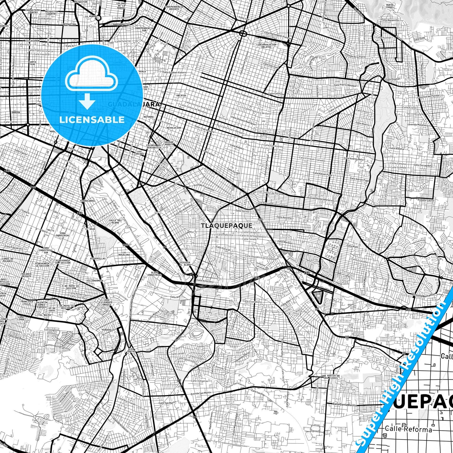 Tlaquepaque, Mexico Light Map with Street Names, City Names, and Districts