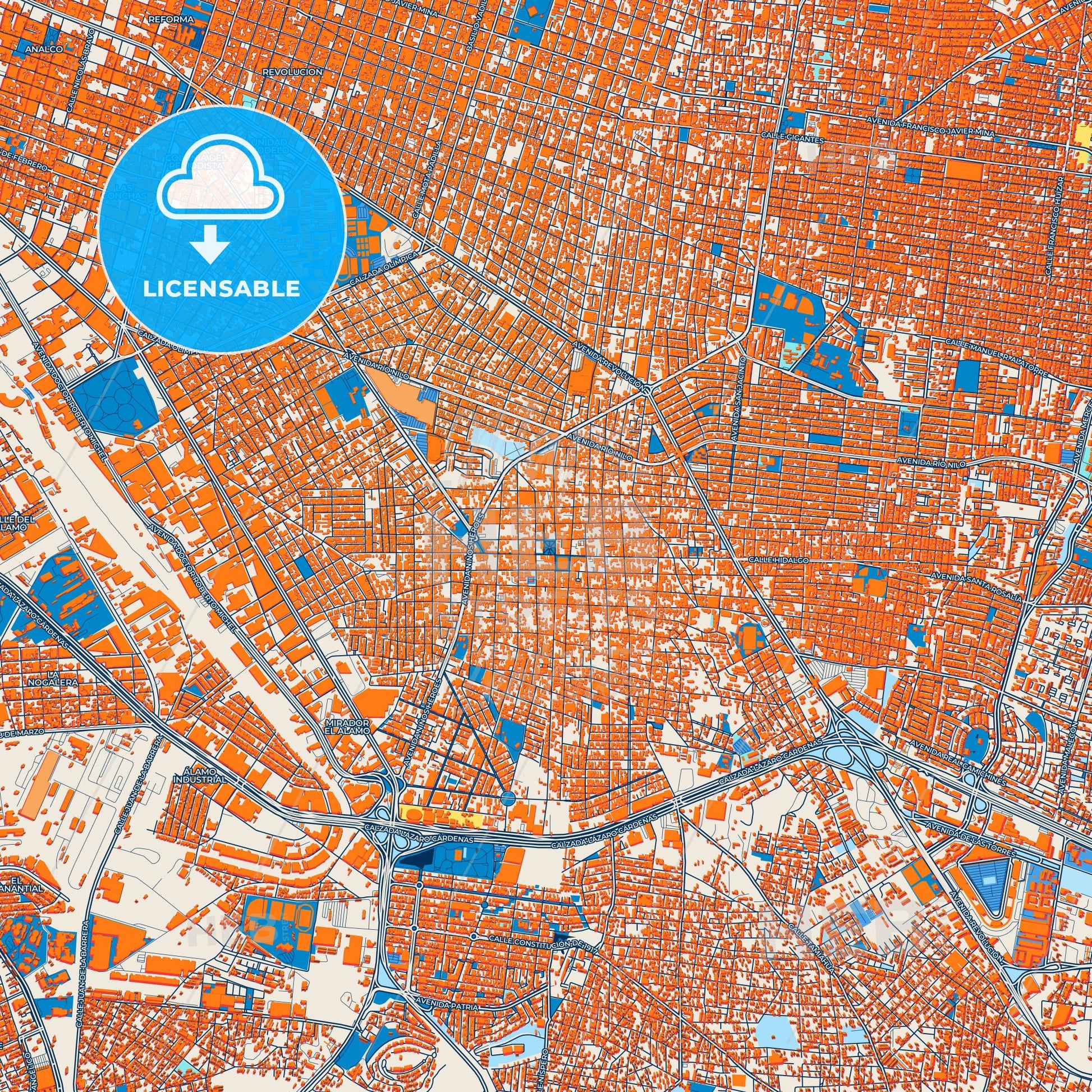Colorful Tlaquepaque Street Map with Labels and Buildings