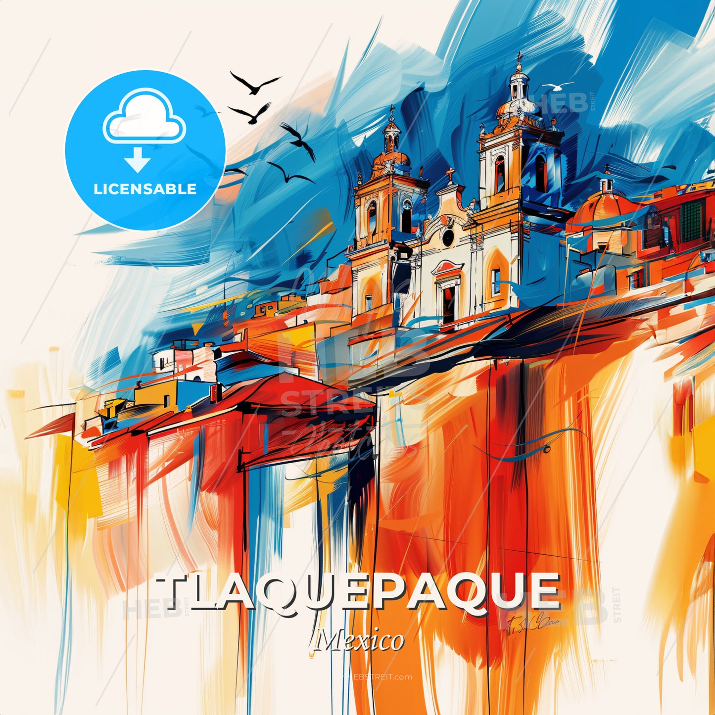 Vibrant Tlaquepaque, Mexico - A Painting Of A Building With Birds Flying - Square format print template