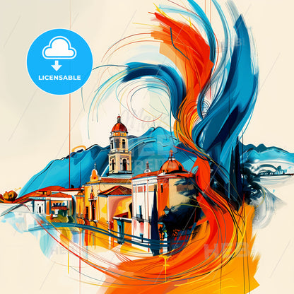 Vibrant Tlaquepaque, Mexico - A Painting Of A Building With A Colorful Swirl