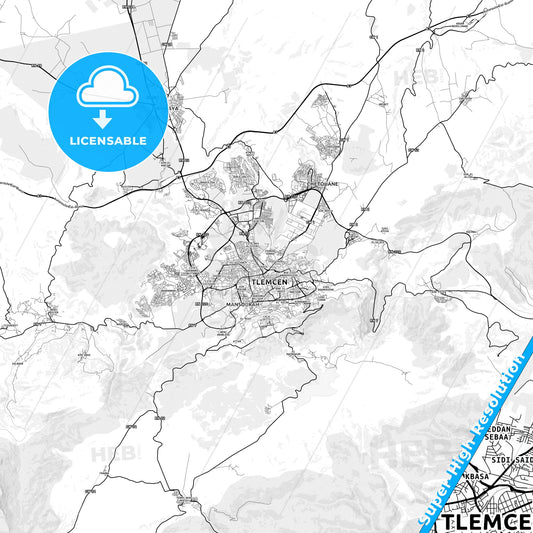Tlemcen, Algeria light map with streetnames, citynames and districts