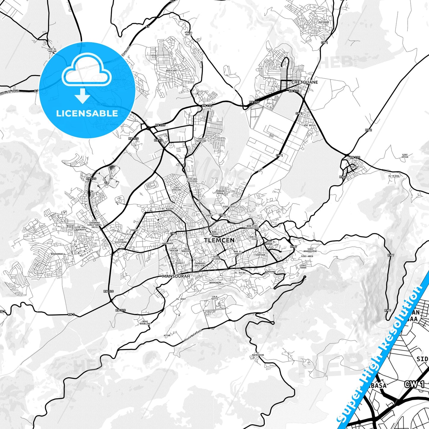 Tlemcen, Algeria Light Map with Street Names, City Names, and Districts