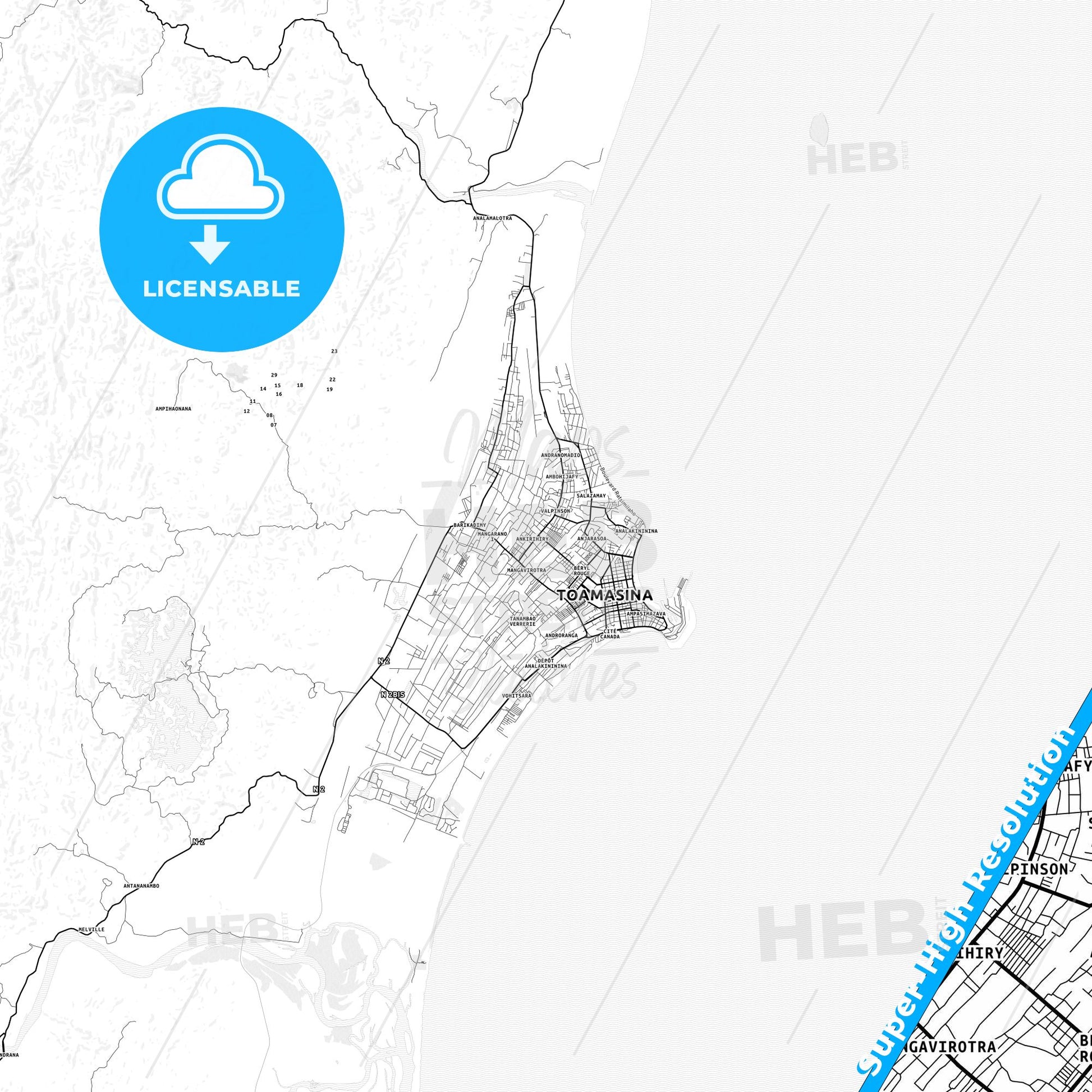 Toamasina, Madagascar light map with streetnames, citynames and districts
