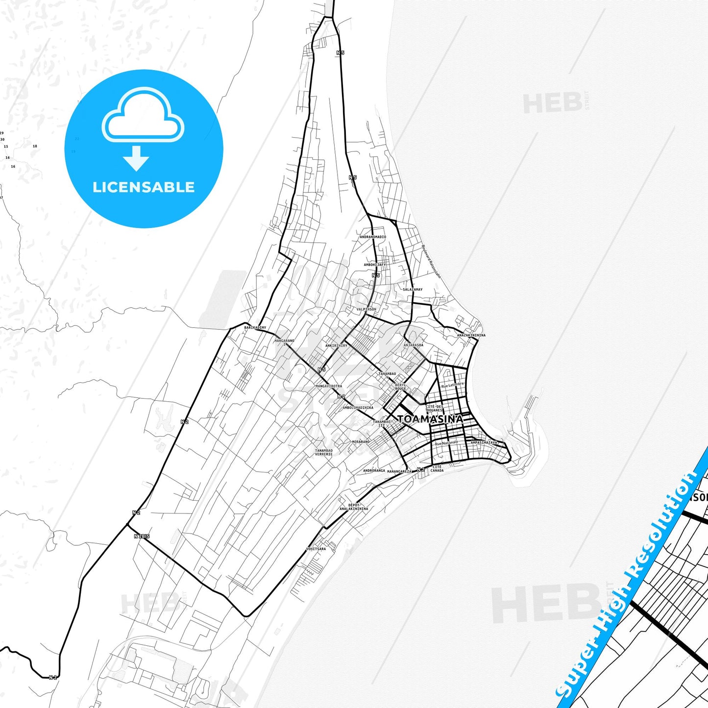 Toamasina, Madagascar Light Map with Street Names, City Names, and Districts