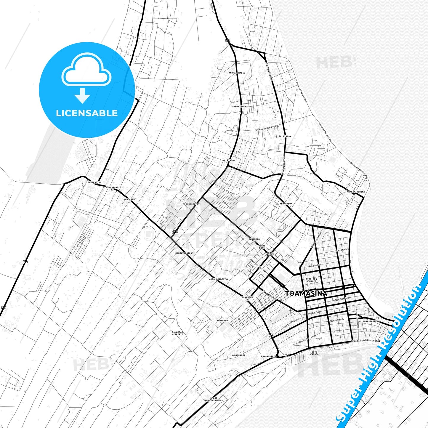Toamasina, Madagascar Light Map with Street Names, City Names, and Districts