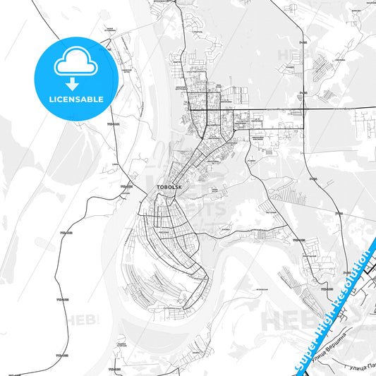 Tobolsk, Russia light map with streetnames, citynames and districts