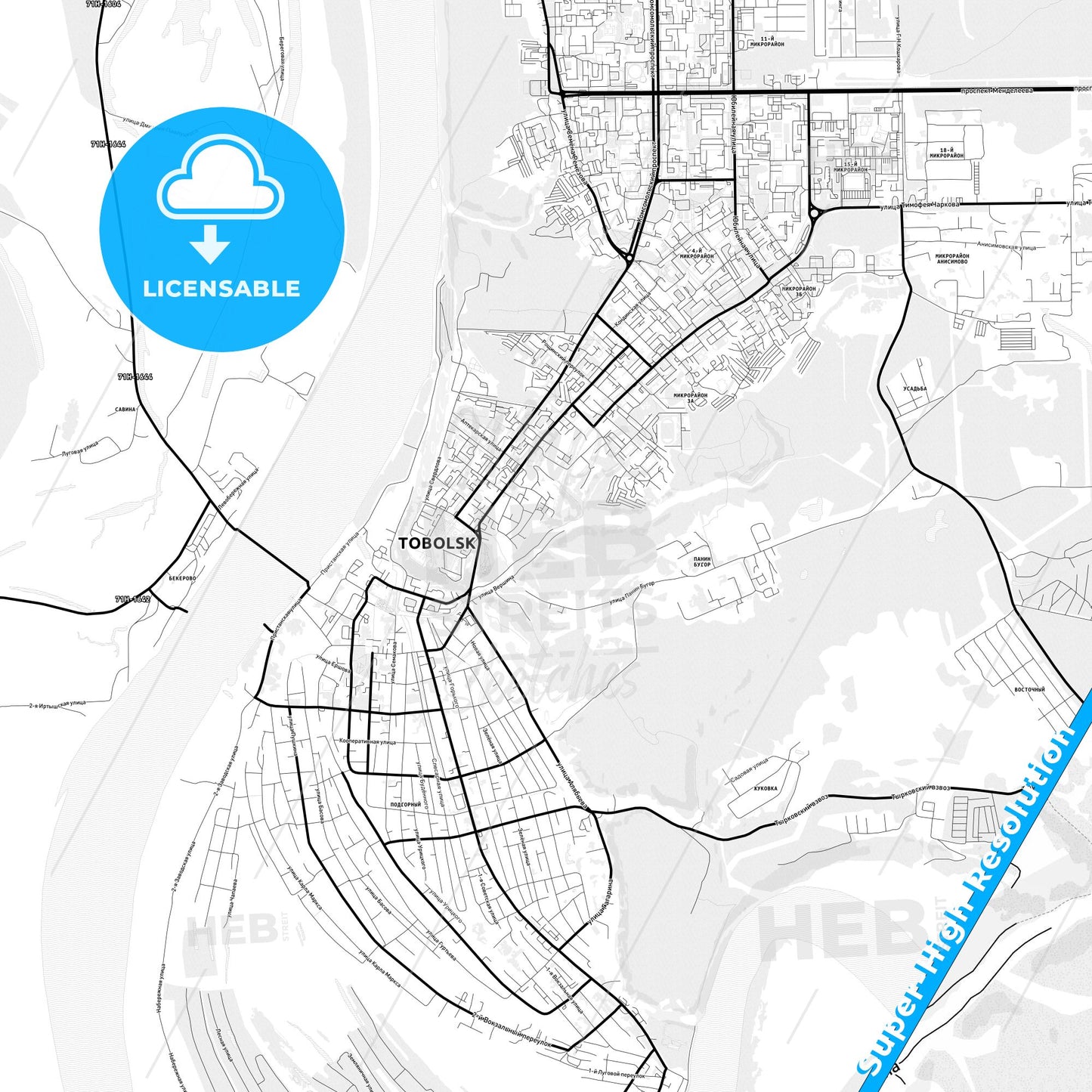 Tobolsk, Russia Light Map with Street Names, City Names, and Districts