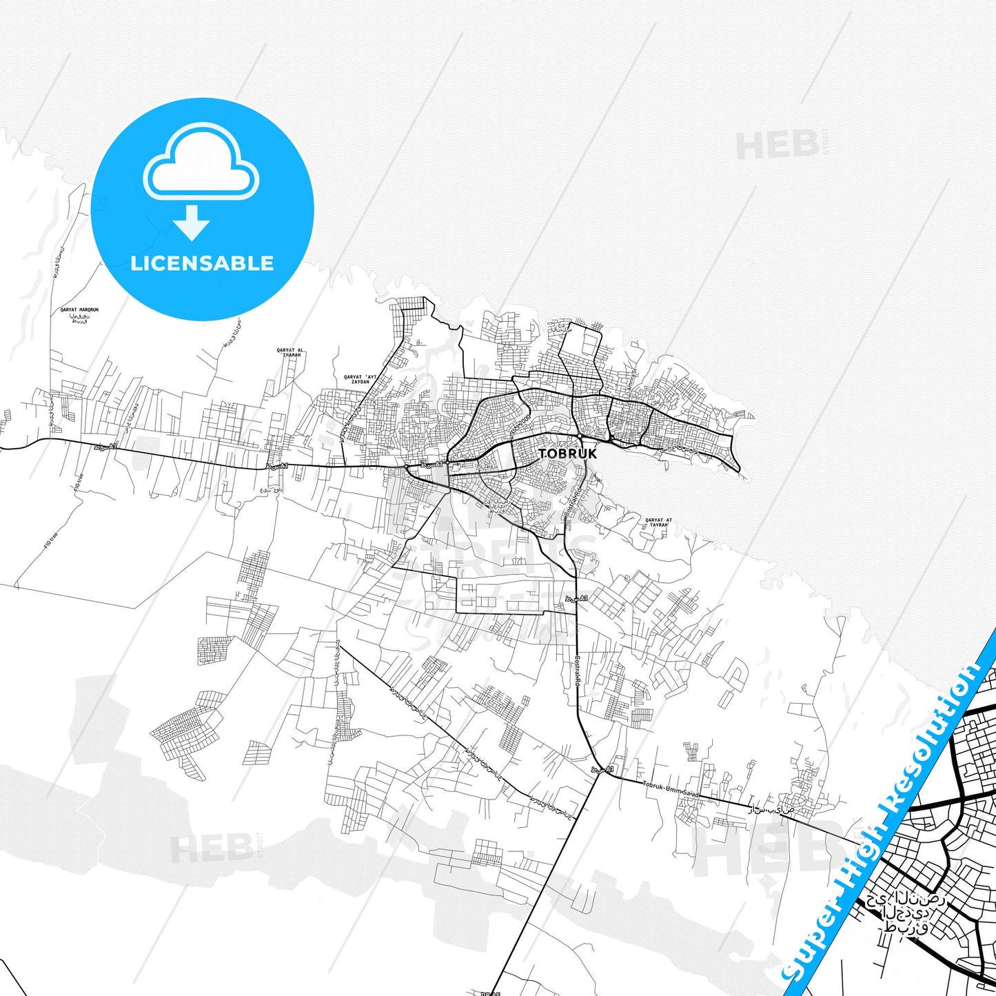 Tobruk, Libya light map with streetnames, citynames and districts