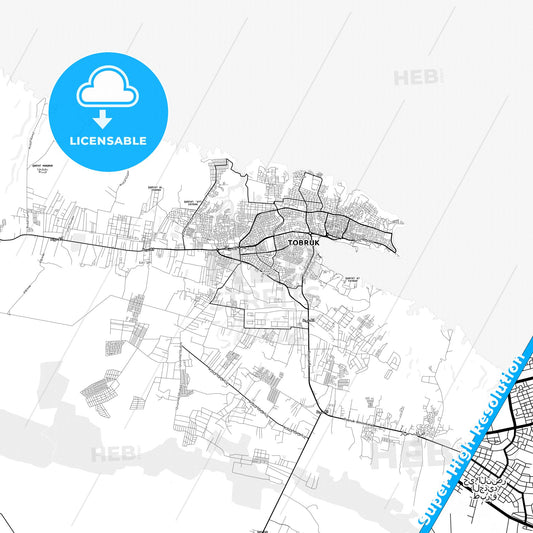 Tobruk, Libya light map with streetnames, citynames and districts