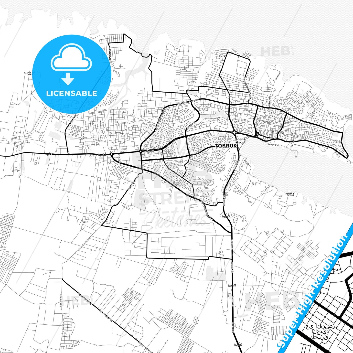 Tobruk, Libya Light Map with Street Names, City Names, and Districts