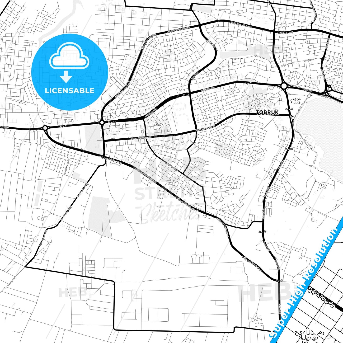 Tobruk, Libya Light Map with Street Names, City Names, and Districts
