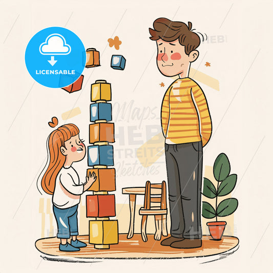 Toddlers Building Blocks Tower Has Fell Down - A Cartoon Of A Man And A Girl Playing With Blocks