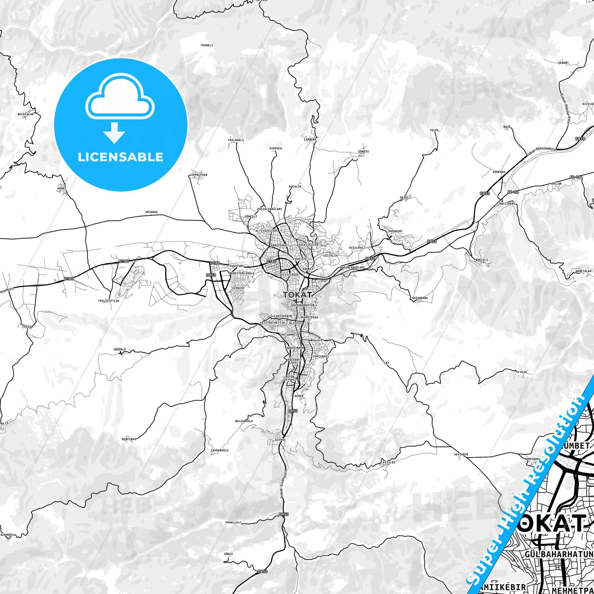Tokat, Turkey light map with streetnames, citynames and districts