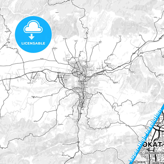 Tokat, Turkey light map with streetnames, citynames and districts