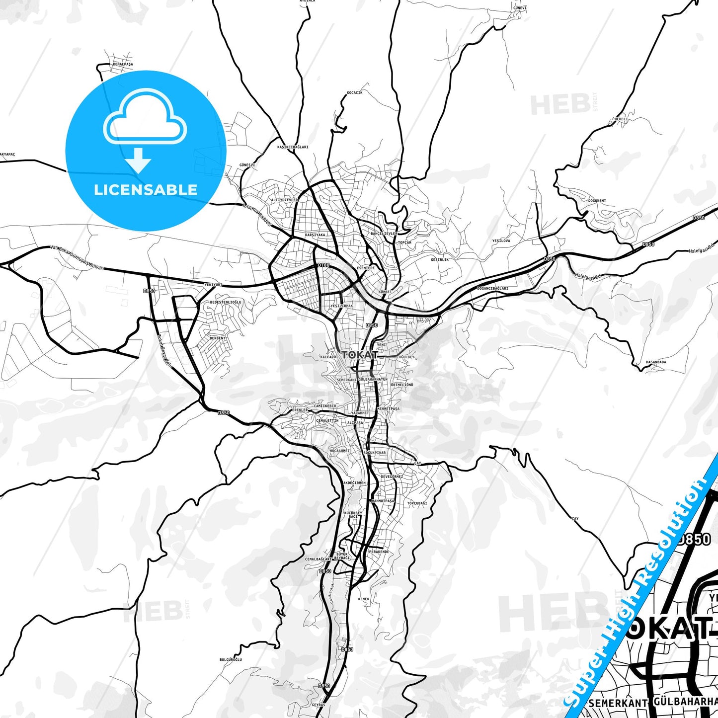 Tokat, Turkey Light Map with Street Names, City Names, and Districts